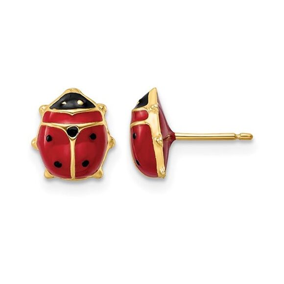 14K Yellow Gold Post Earrings with Enameled Lady Bugs